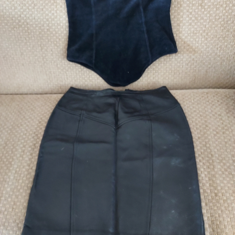 BLACK LEATHER SKIRT and BLACK VELVET BUSTIER